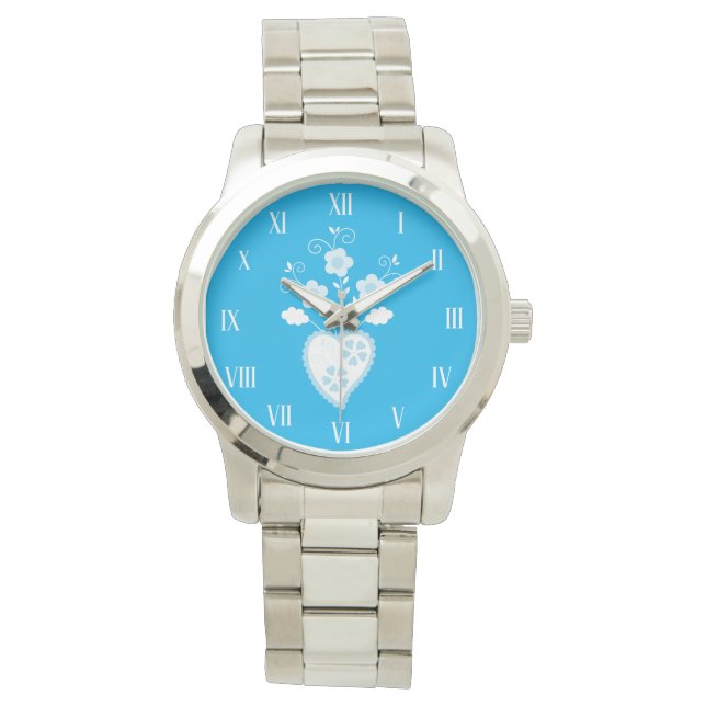 Blue folk Portuguese heart in blossom Watch (Front)