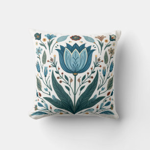 Blue Folk Tulip Throw Pillow