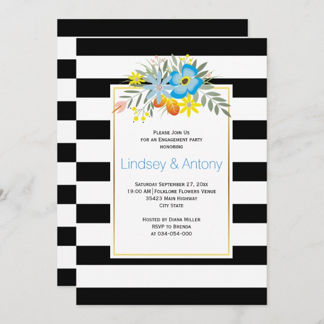 Blue folklore flowers and stripes engagement party invitation (Front/Back)