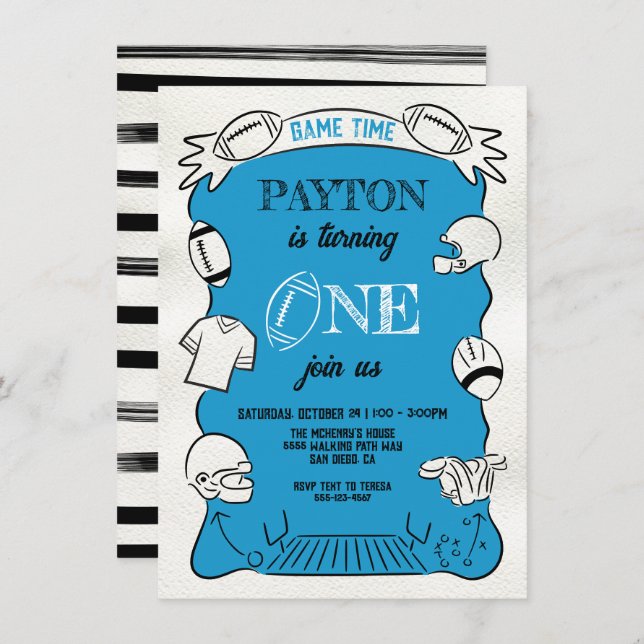 Blue Football 1st One Hand drawn Birthday Invitation (Front/Back)
