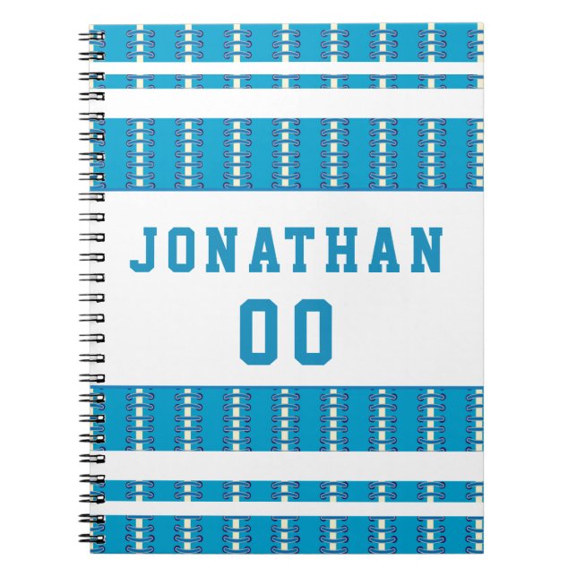 Blue Football Ball Stitching Pattern Player's Name Notebook (Front)