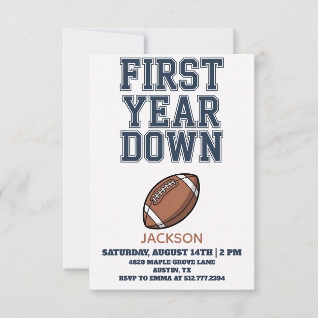 Blue Football First Year Down Boy 1st Birthday  Invitation (Front)
