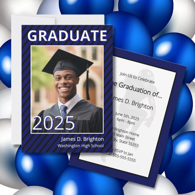 Blue Football Themed Photo Graduation Invitation (Creator Uploaded)