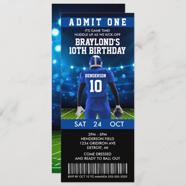 Blue Football Ticket Birthday Invitation (Front/Back)