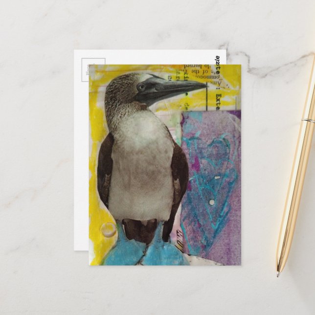 Blue Footed Bird mixed media collage Postcard (Front/Back In Situ)