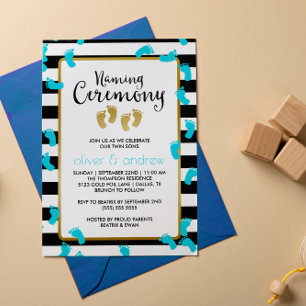 Blue Footprints Black & Gold Twins Naming Ceremony Invitation