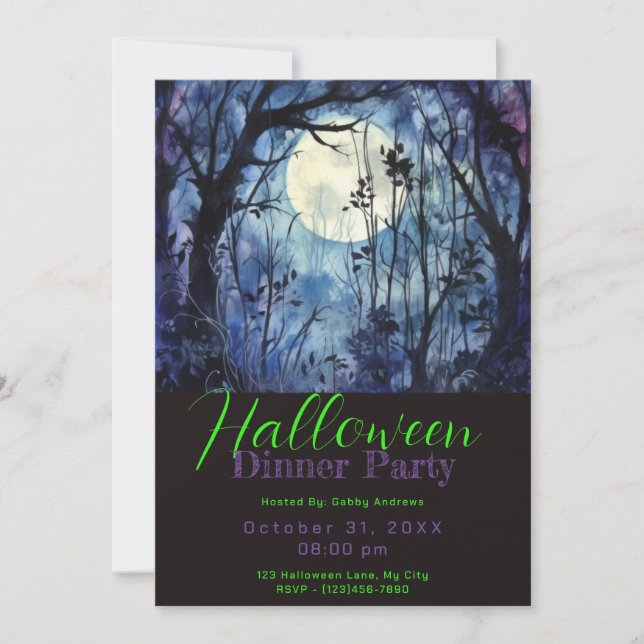Blue Forest Full Moon Halloween Dinner Party Invitation (Front)