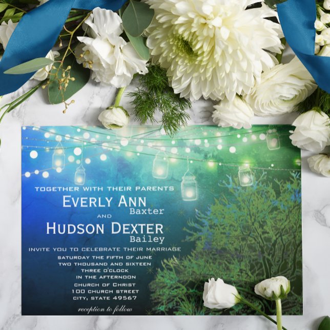 Blue Forest Mason Jar Fairy Lights Wedding Invitation (Creator Uploaded)