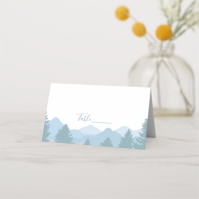 Blue Forest Mountains Tent Place Cards (Front)