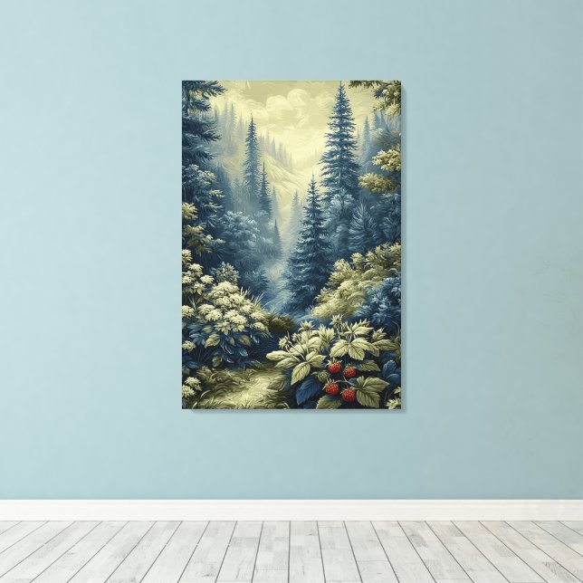 Blue Forest with Red Berries, Stylised Landscape Canvas Print (Insitu(Wood Floor))
