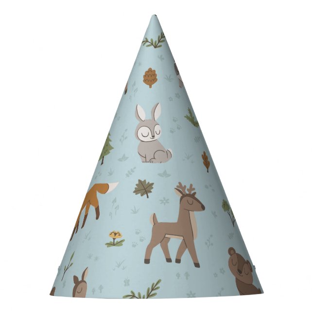 Blue Forest Woodland Critters Gender Neutral Party Hat (Front)