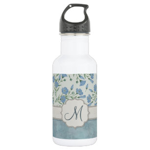 Blue Forget-Me-Not Floral and Marble with Monogram 532 Ml Water Bottle