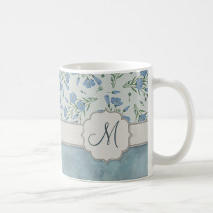 Blue Forget-Me-Not Floral and Marble with Monogram Coffee Mug