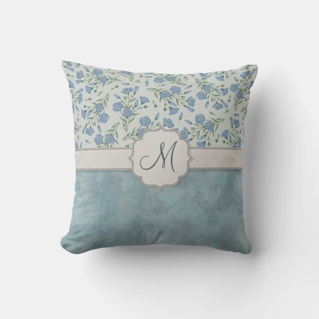 Blue Forget-Me-Not Floral and Marble with Monogram Cushion (Front)