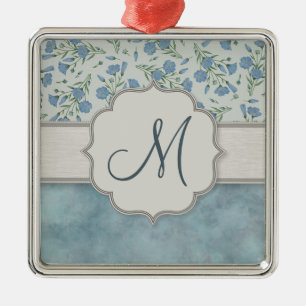 Blue Forget-Me-Not Floral and Marble with Monogram Metal Tree Decoration