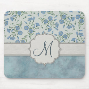 Blue Forget-Me-Not Floral and Marble with Monogram Mouse Pad