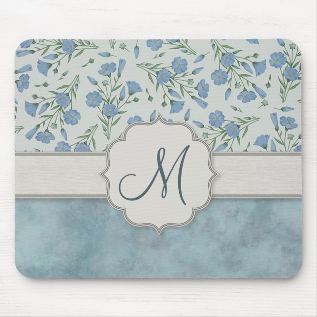 Blue Forget-Me-Not Floral and Marble with Monogram Mouse Pad (Front)