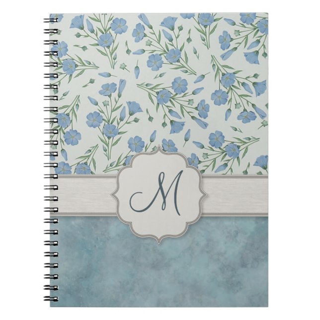 Blue Forget-Me-Not Floral and Marble with Monogram Notebook (Front)