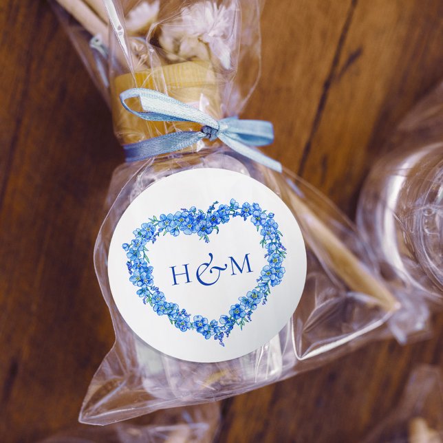 Blue forget me nots inked art wedding monogram classic round sticker (Creator Uploaded)