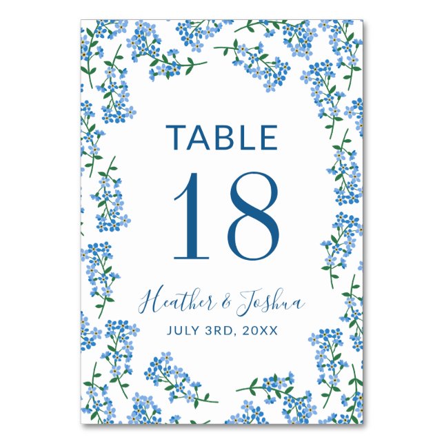 Blue Forget Me Nots - Names & Wedding Date Table Number (Front)