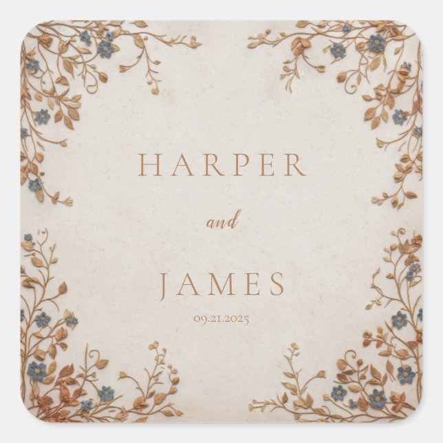 Blue Forgetmenot Gold Embroidery Cream Wedding Square Sticker (Front)