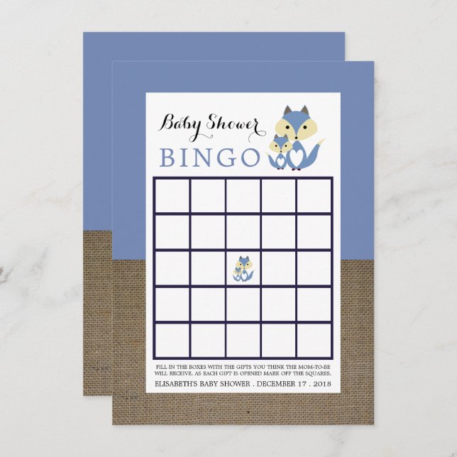 Blue Fox Burlap Baby Shower Bingo Invitation (Front/Back)