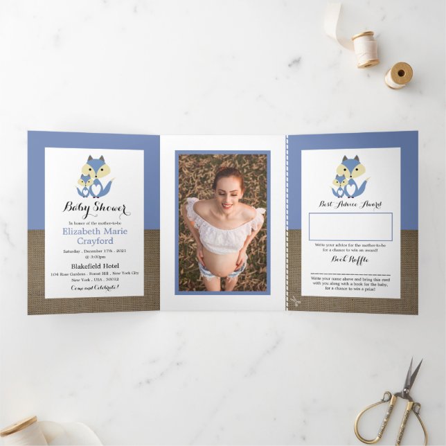 Blue Fox Burlap, Baby Shower Suite Tri-Fold Invitation (Inside)