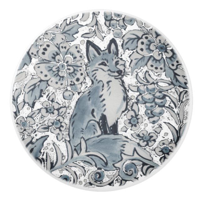Blue Fox Floral Woodland Unique Art Delft Right  Ceramic Knob (Front)
