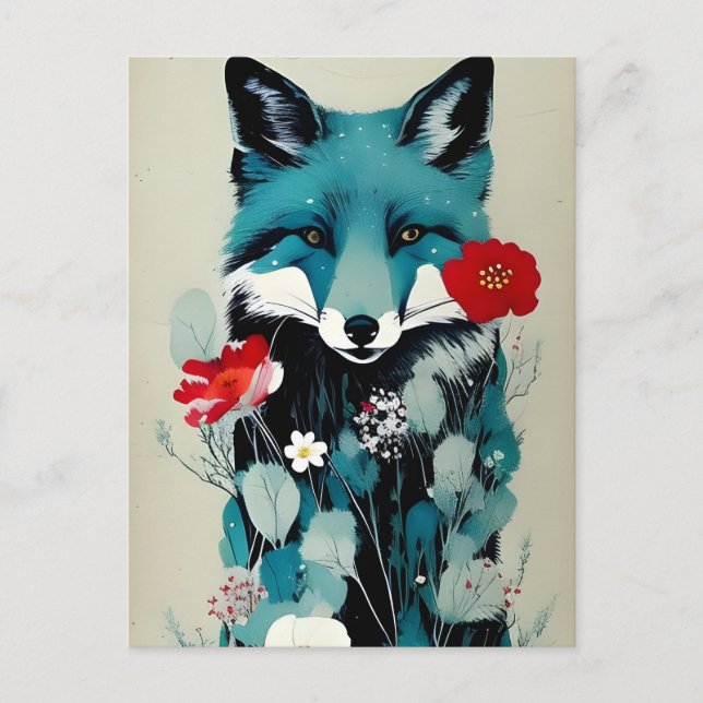 Blue Fox Red and White Flowers Postcard (Front)