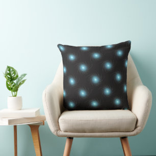 Blue Fractal Cosmic Swirl on Black Pattern Cushion