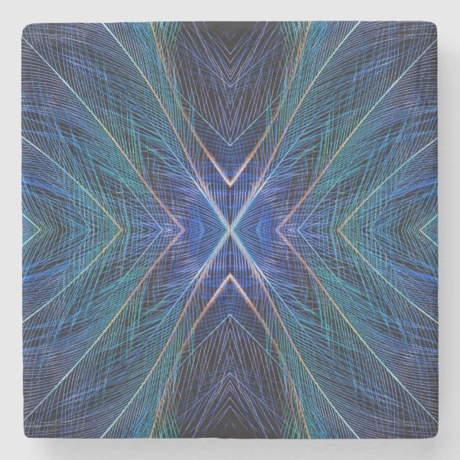 Blue Fractal Feather Design Stone Coaster (Front)