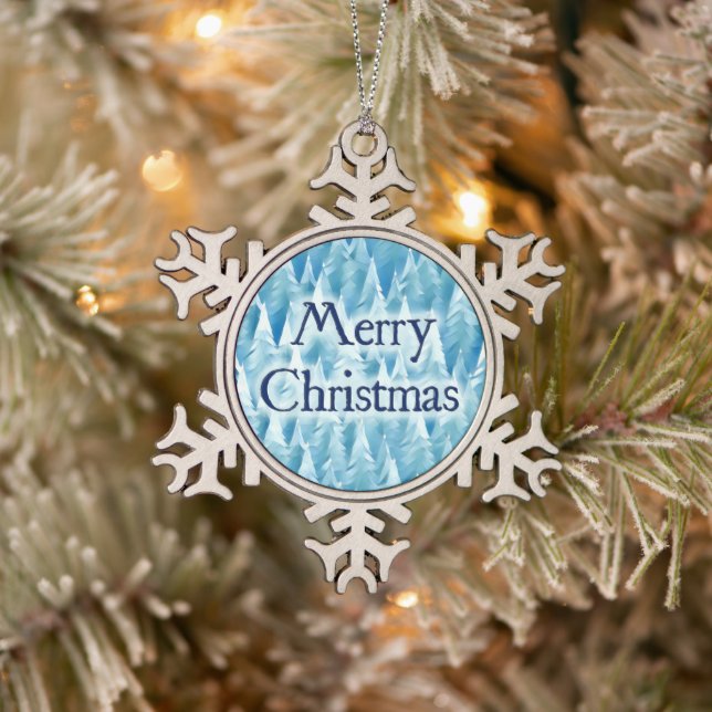 Blue Fractal Forest Snowflake Pewter Christmas Ornament (Tree)