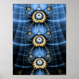 Blue Fractal Mandala Ornamental Symmetrical Design Poster