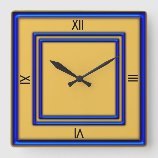 Blue Frame 4 Black Numerals Gold Square Wall Clock (Front)