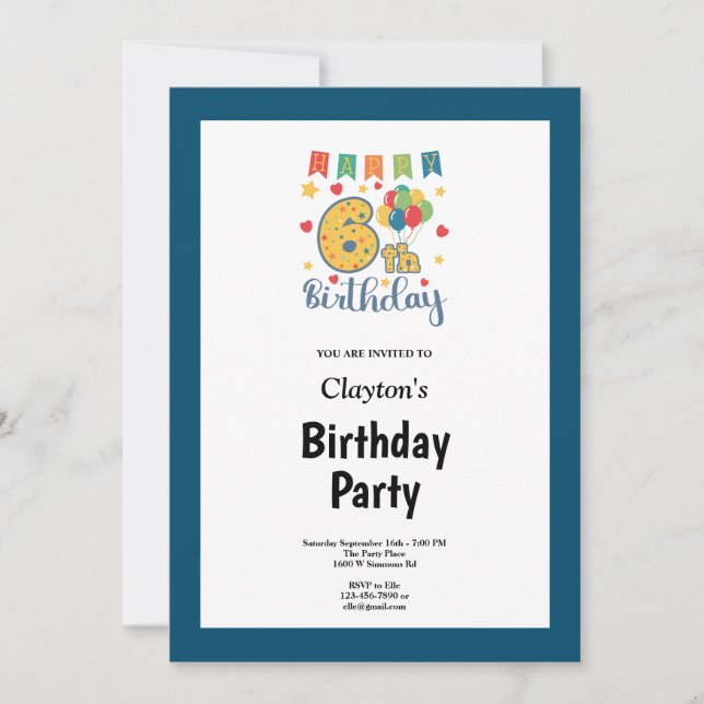 Blue Framed 6th Birthday Party Invitation (Front)