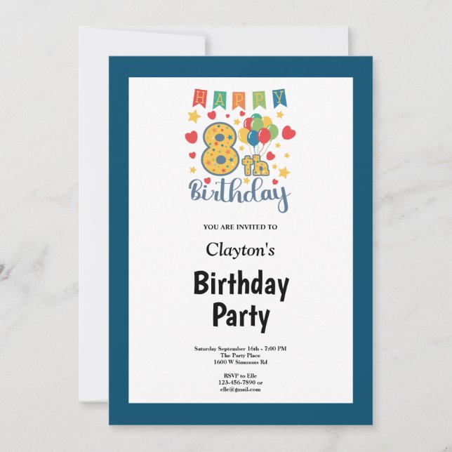 Blue Framed 8th Birthday Party Invitation (Front)