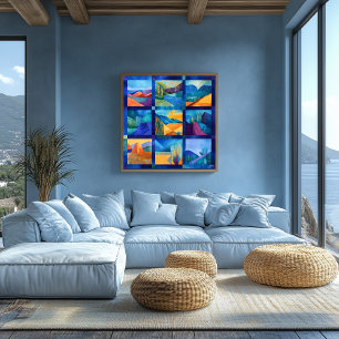 Blue Framed Desert Art Grid – Colourful Geometric Poster