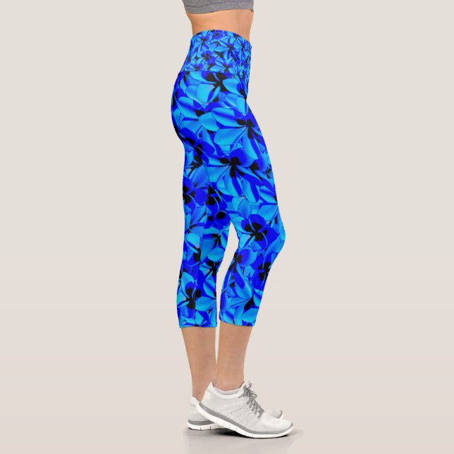 Blue Frangipani Flowers High Waist Capris Leggings (Right)
