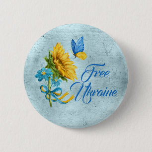 Blue Free Ukraine Sunflower & Butterfly   6 Cm Round Badge