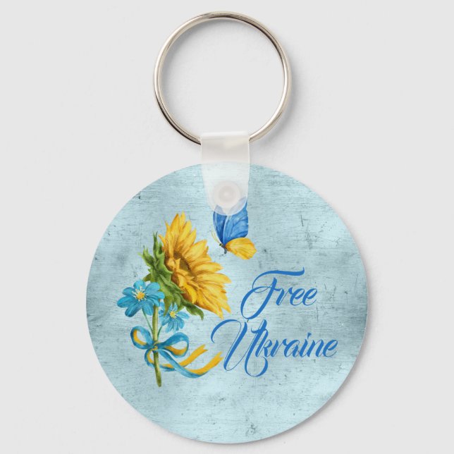 Blue Free Ukraine Sunflower & Butterfly  Key Ring (Front)