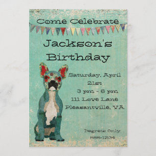 Blue French Bulldog Birthday Invitation
