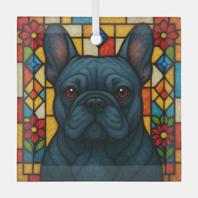 Blue French Bulldog Dog "Stained Glass" Glass Tree Decoration (Front)