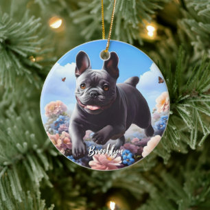 Blue French Bulldog & Flowers  Ceramic Tree Decoration