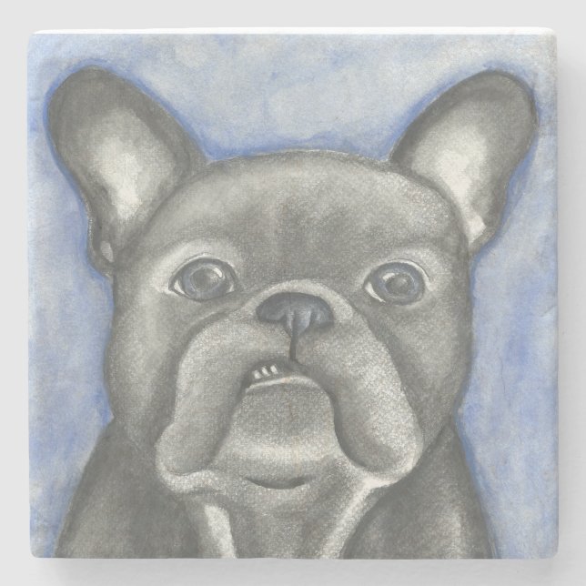 Blue French Bulldog marble stone coaster (Front)