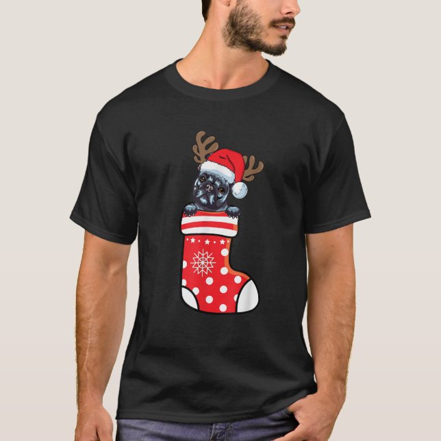 Blue French Bulldog Santa Dog Merry Xmas Christmas T-Shirt (Front)
