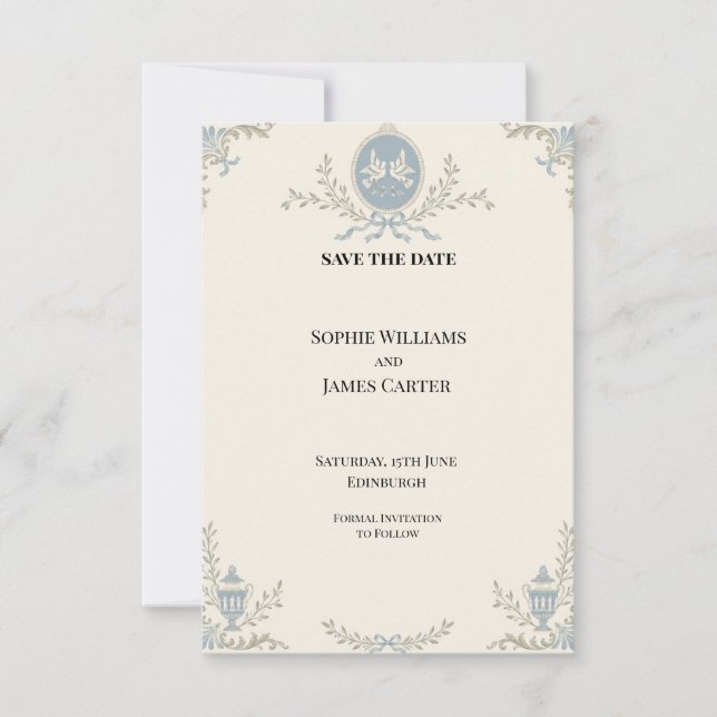Blue French Chateau Dove Wedding Save The Date (Front)