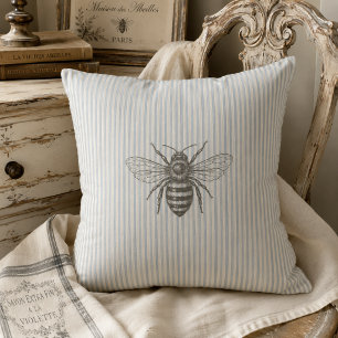 Blue French Country Bee Vintage Stripe Farmhouse Cushion