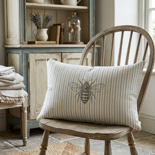 Blue French Country Bee Vintage Stripe Farmhouse Lumbar Cushion