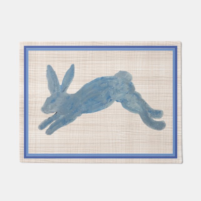 Blue French Country Bunny Rabbit Doormat (Front)