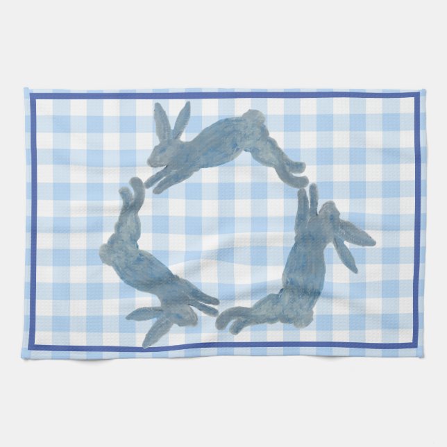 Blue French Country Bunny Rabbit Tea Towel (Horizontal)
